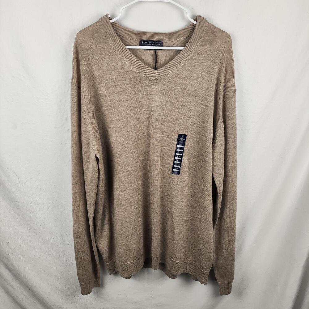 Hart Schaffner Marx Sweater Mens XLT Beige V Neck Merino Wool Knit Pullover